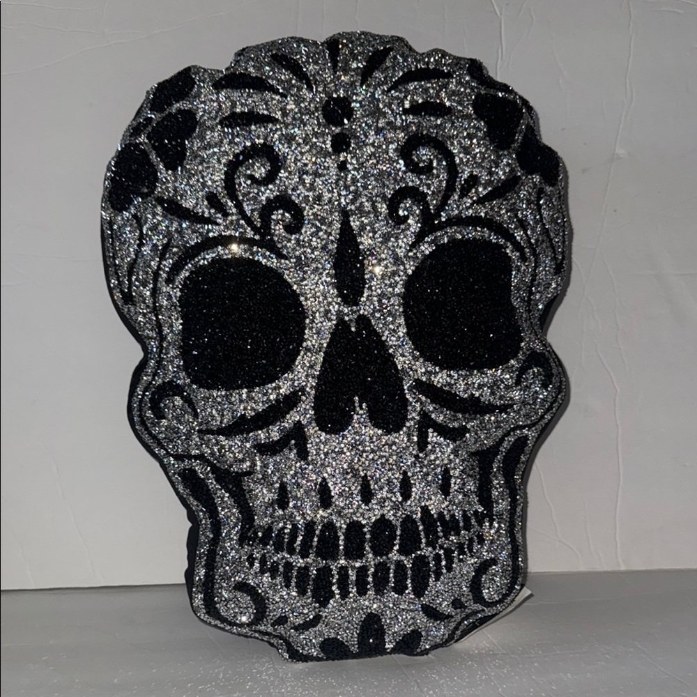 NWT Sparkles Home Rhinestones Silver & Black Sugar Skull Halloween Large Pillow